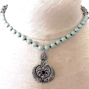 Pisces Twin Fish Necklace Blue Green Beads Silver Plated Box Chain